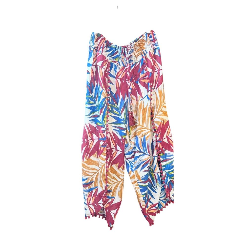 Tropical Leaf Harem Open Leg Beachy Boho Coverup Pants - Multicolor